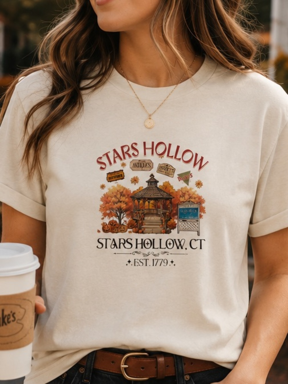 Cream Graphic T-Shirt - Autumn Town Design